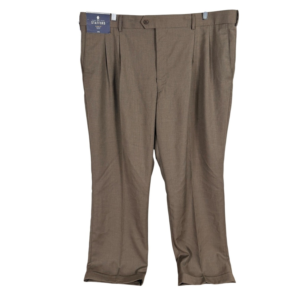 Stafford Dress Pants Mens 44x30 Brown Classic Fit Sharkskin Pleated Cuffed New